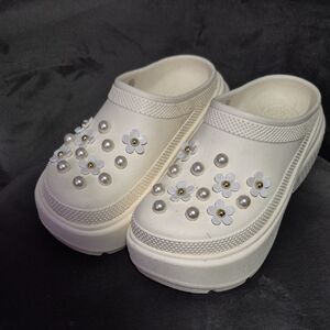 Women’s White Platform Crocs with Pearl & Flower Accents